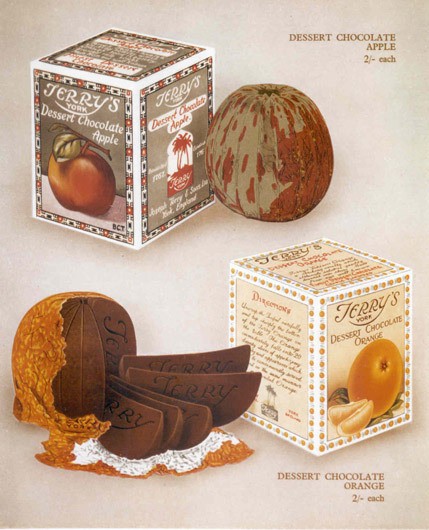 Illustration of Terry's Chocolate Orange and Terry's Chocolate Apple boxes and their respective fruits.