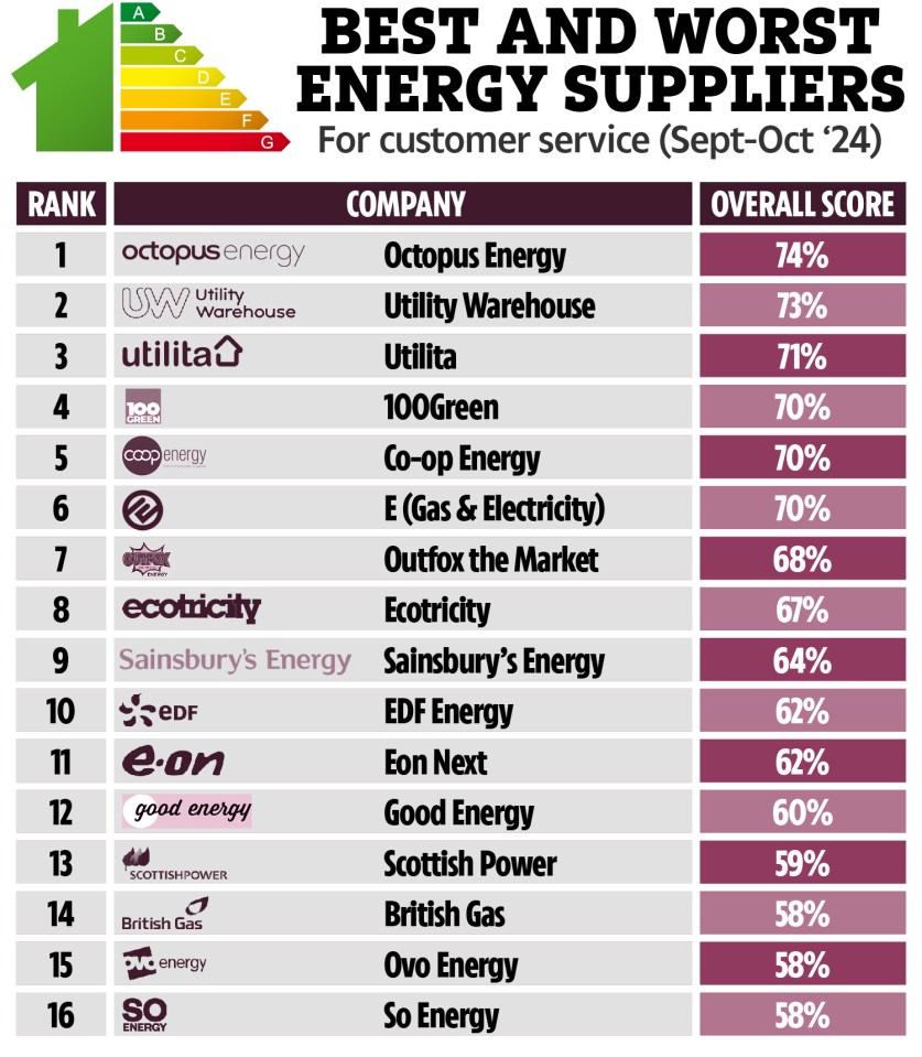 Illustration of a ranked list of energy suppliers and their customer service scores.