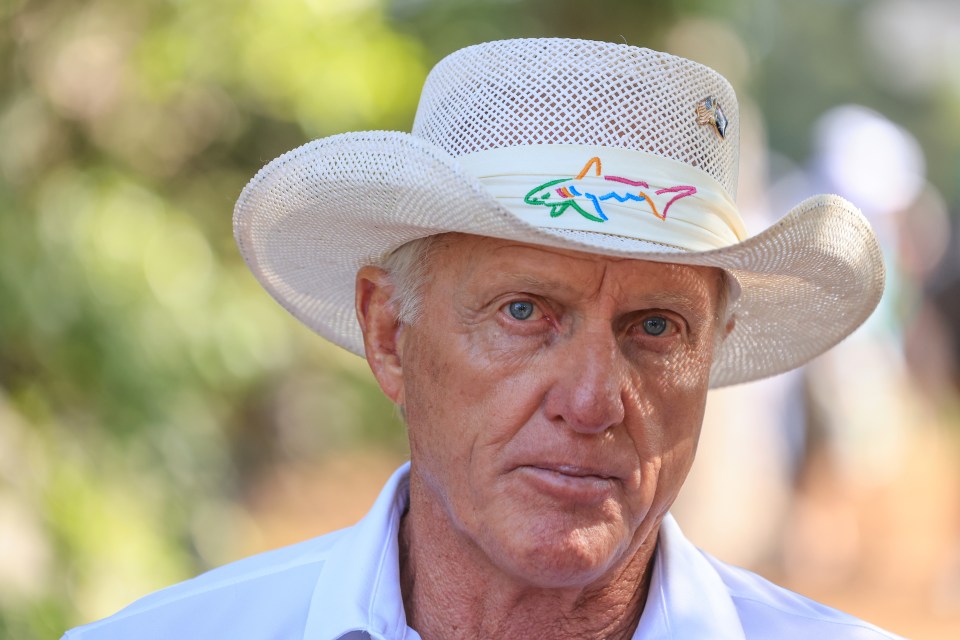 Greg Norman, LIV Golf commissioner, wearing a white straw hat.