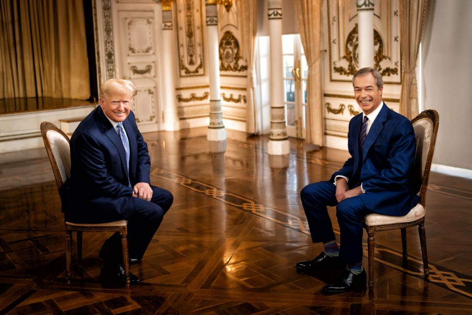 Donald Trump and Nigel Farage sitting in chairs.