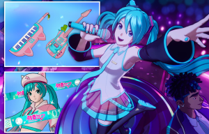 Illustration of Hatsune Miku in Fortnite, with pink and teal keyboard and guitar.