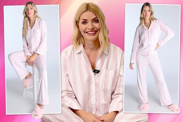 Holly Willoughby modeling pink striped pajamas.