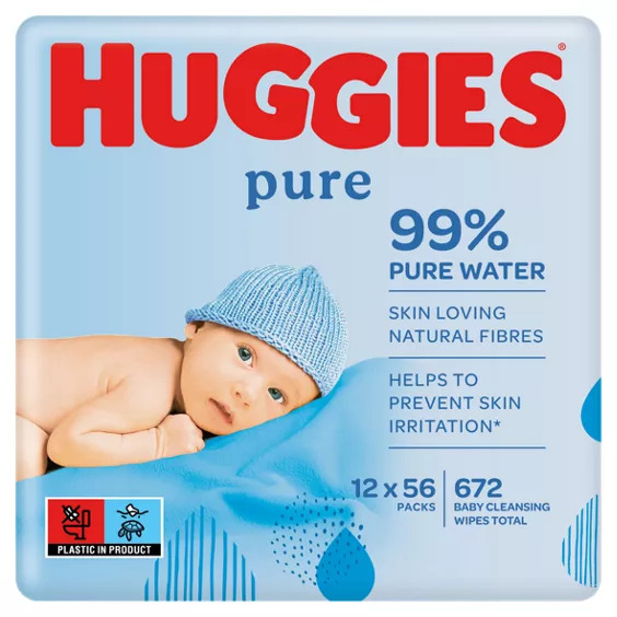 Huggies Pure baby wipes packaging showing a baby and product details.