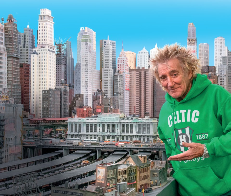 Rod Stewart with his large HO scale model railway layout.