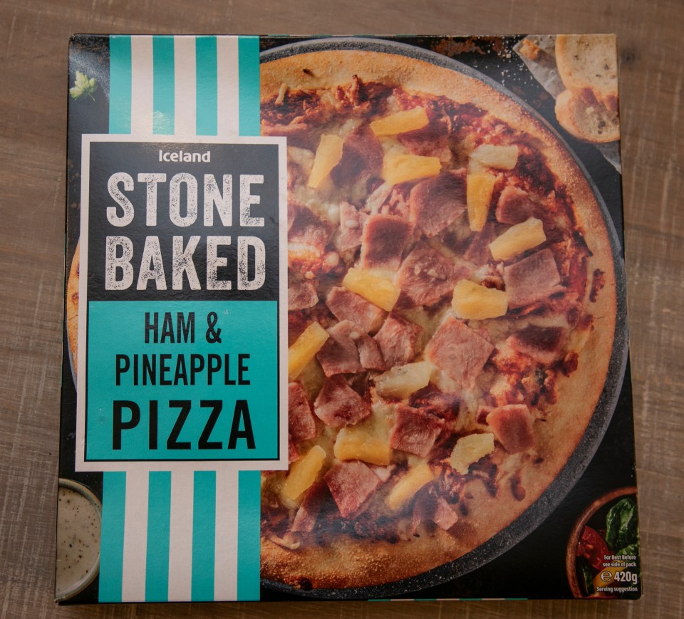 Iceland Stone Baked Ham & Pineapple Pizza box.