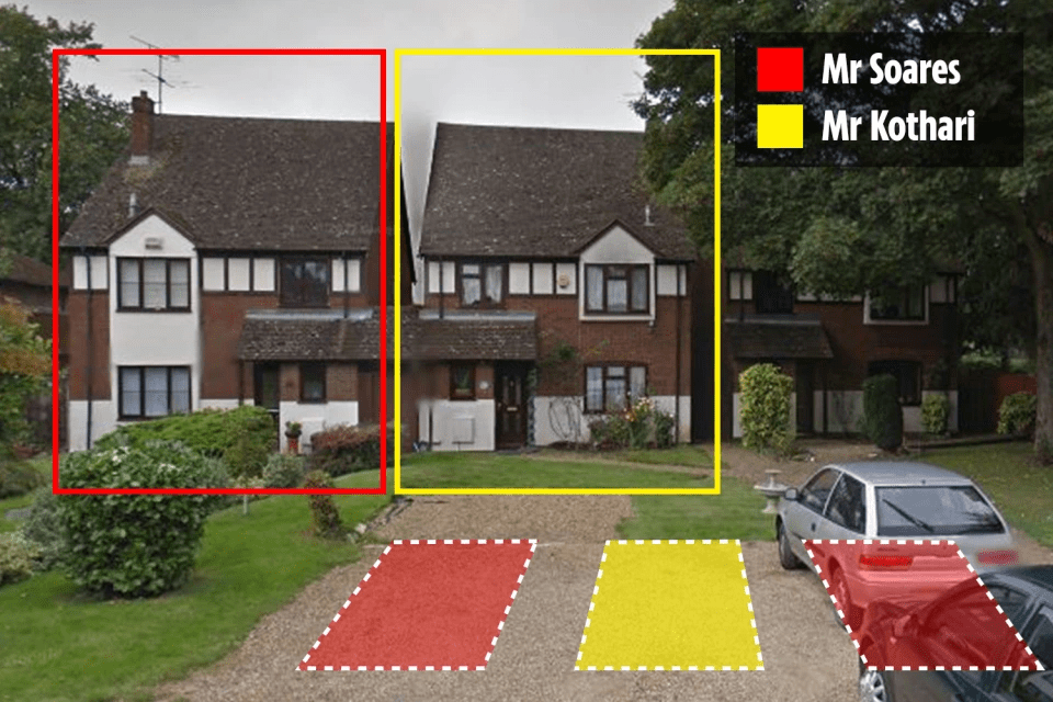 Diagram showing the houses and parking spaces of Mr. Soares and Mr. Kothari.