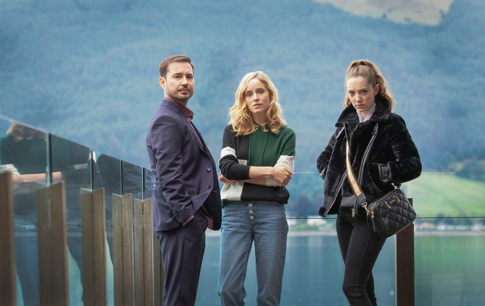 Martin Compston, Sophie Rundle, and Mirren Mack from the Acorn TV series "The Nest."