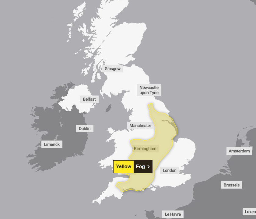 Fog warning map of the UK.