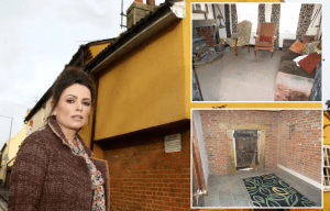 Woman standing outside a dilapidated building; interior photos show a living room and a brick room.