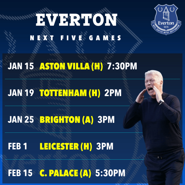 Everton's next five games schedule.