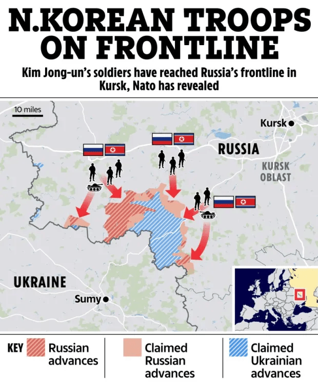 Illustration of map showing North Korean troops' advance in Kursk, Russia.