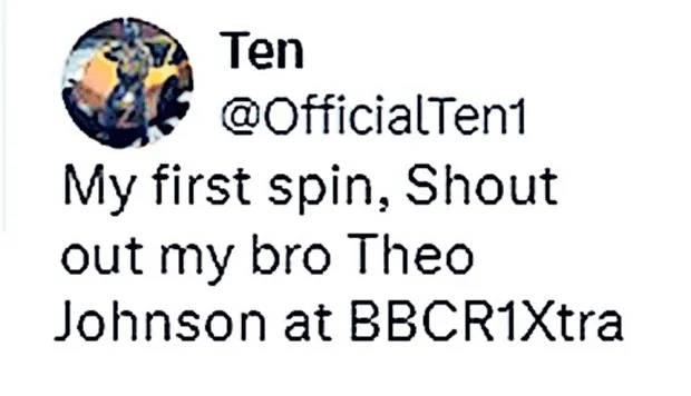 Tweet announcing a first radio appearance.