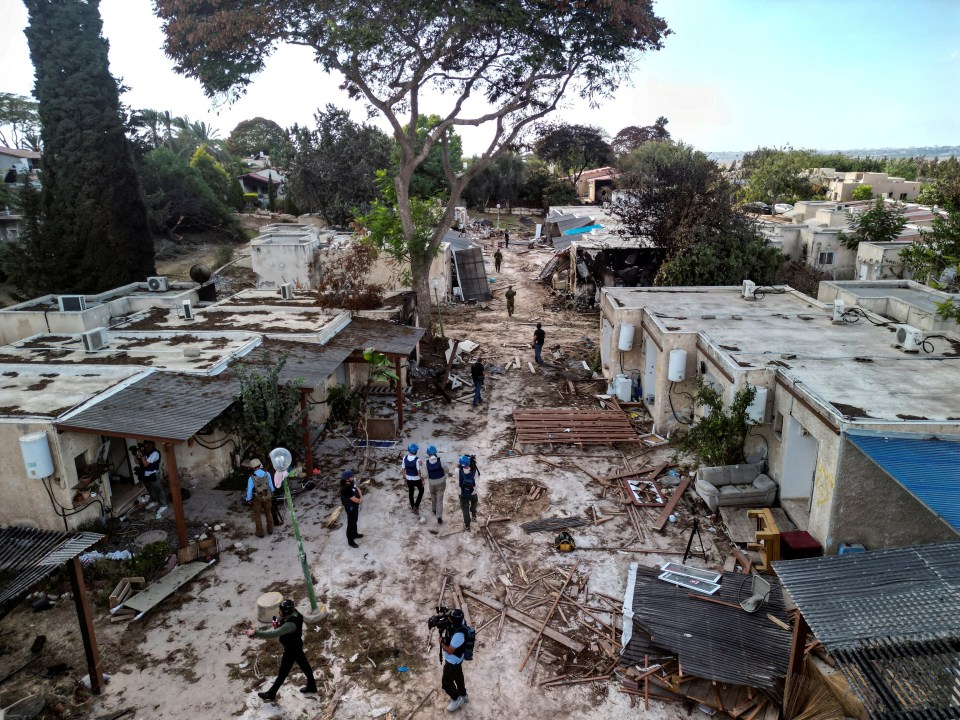 Aerial view of damaged buildings and debris.