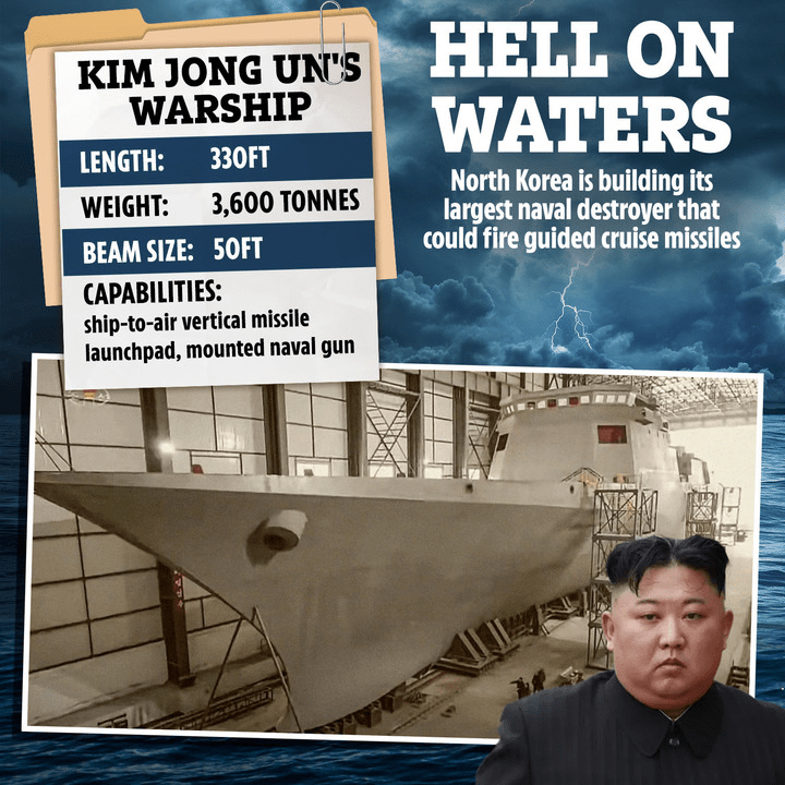 Kim Jong Un's new warship: 330ft long, 3,600 tonnes, with ship-to-air missile launchpad and naval gun.