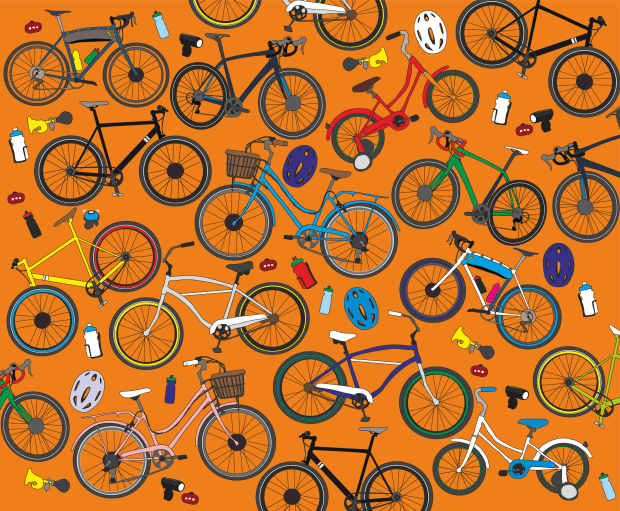 A repeating pattern of various bicycles and cycling accessories on an orange background.