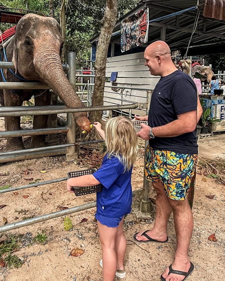 A girl feeds an elephant at a sanctuary.  A man watches.