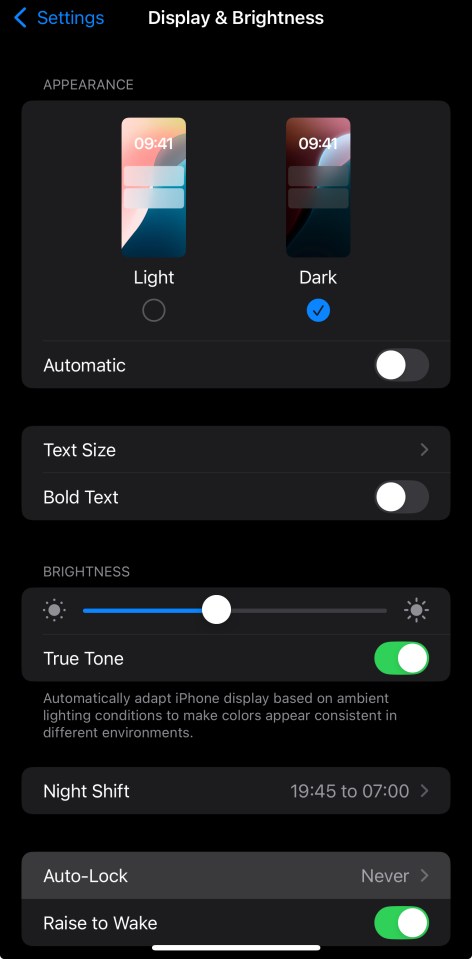 iPhone display settings: light/dark mode, text size, bold text, brightness, True Tone, Night Shift, auto-lock, raise to wake.