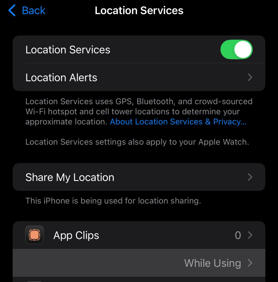 iPhone location services settings.