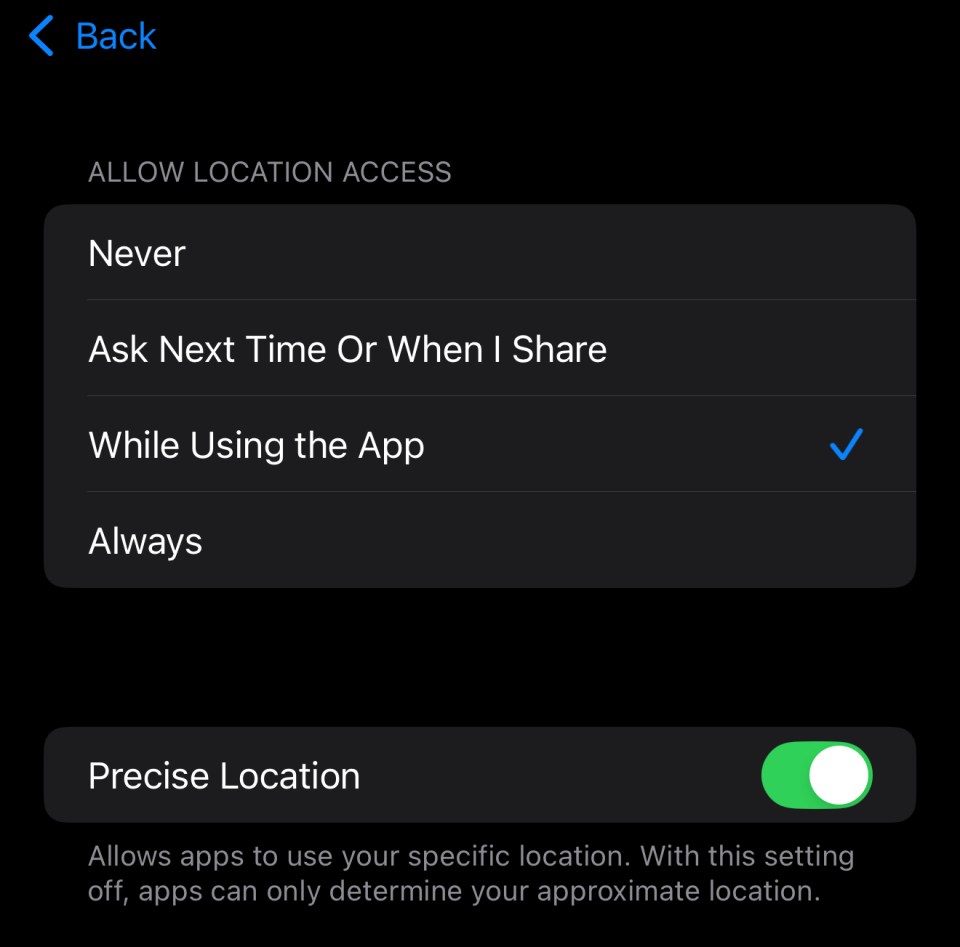 iPhone location access settings.