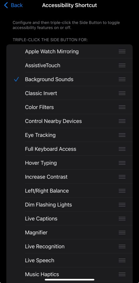 iPhone accessibility shortcut settings.