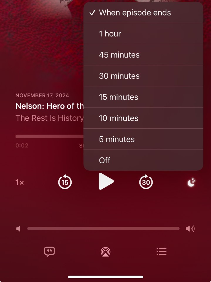 iPhone sleep timer options for podcast playback.