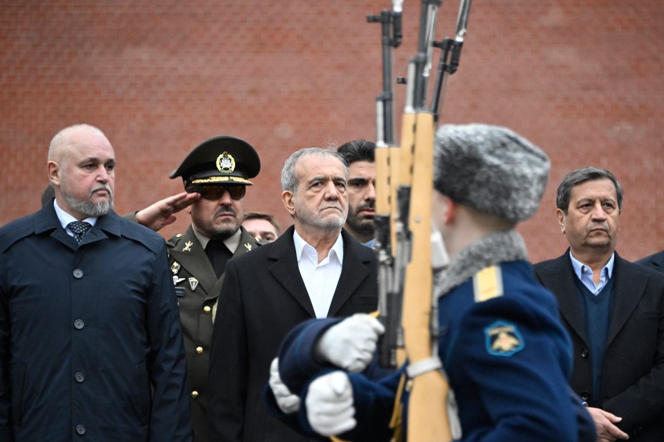 Iranian President Masoud Pezeshkian at a ceremony near the Kremlin Wall.