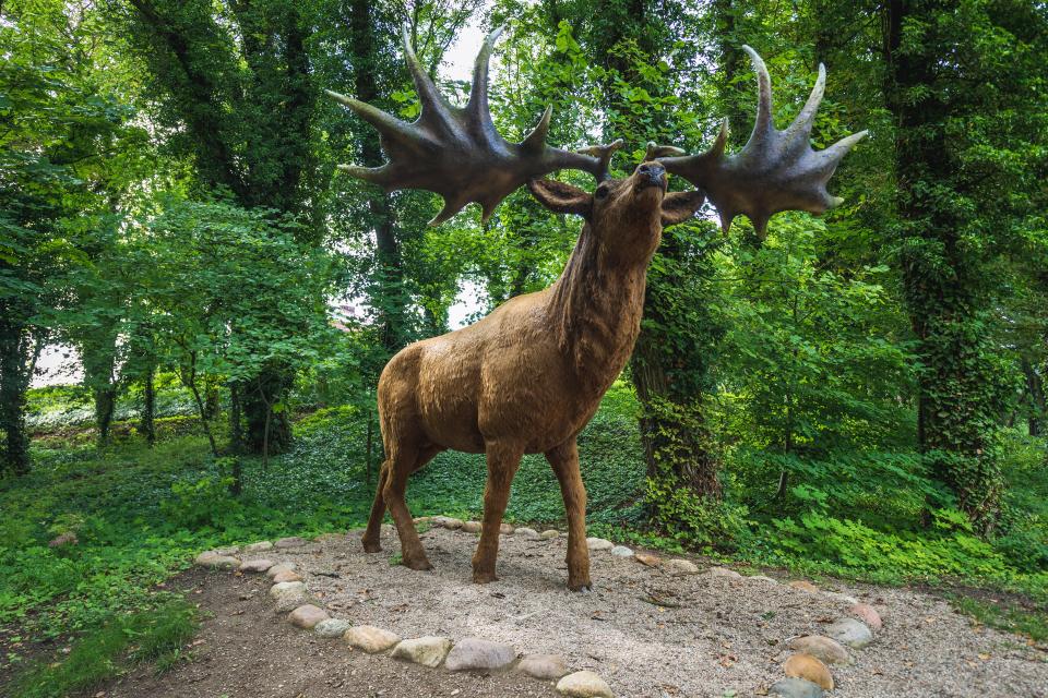 Model of an Irish elk in a forest.