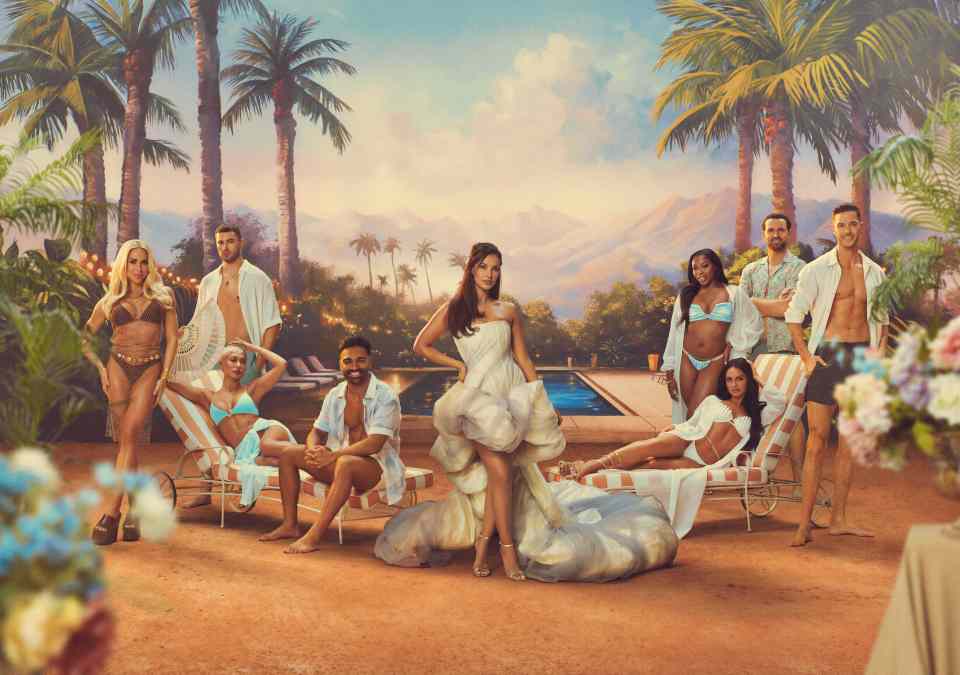 Illustration of the Love Island All Stars cast by a pool.