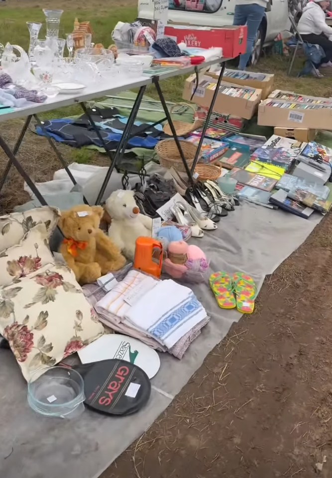 Assortment of items for sale at a yard sale, including glassware, books, toys, and clothing.