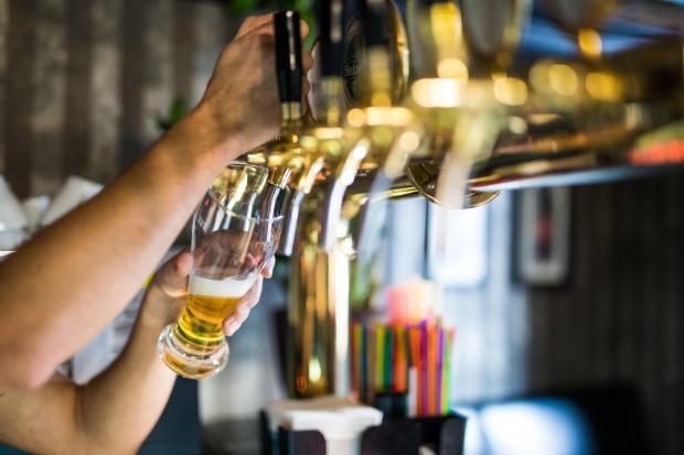 Bartender pouring beer from tap.