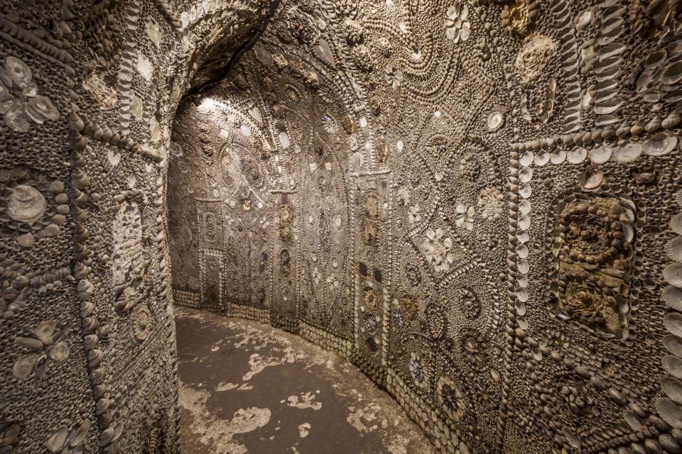 Shell Grotto interior with patterned walls.