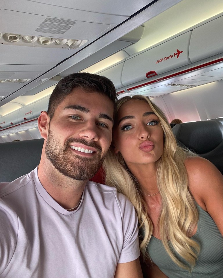 Jack Fincham and Abi Moores on a plane.