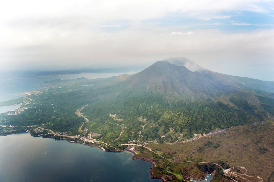 Aerial view of Mount Sakurajima volcano in Japan.