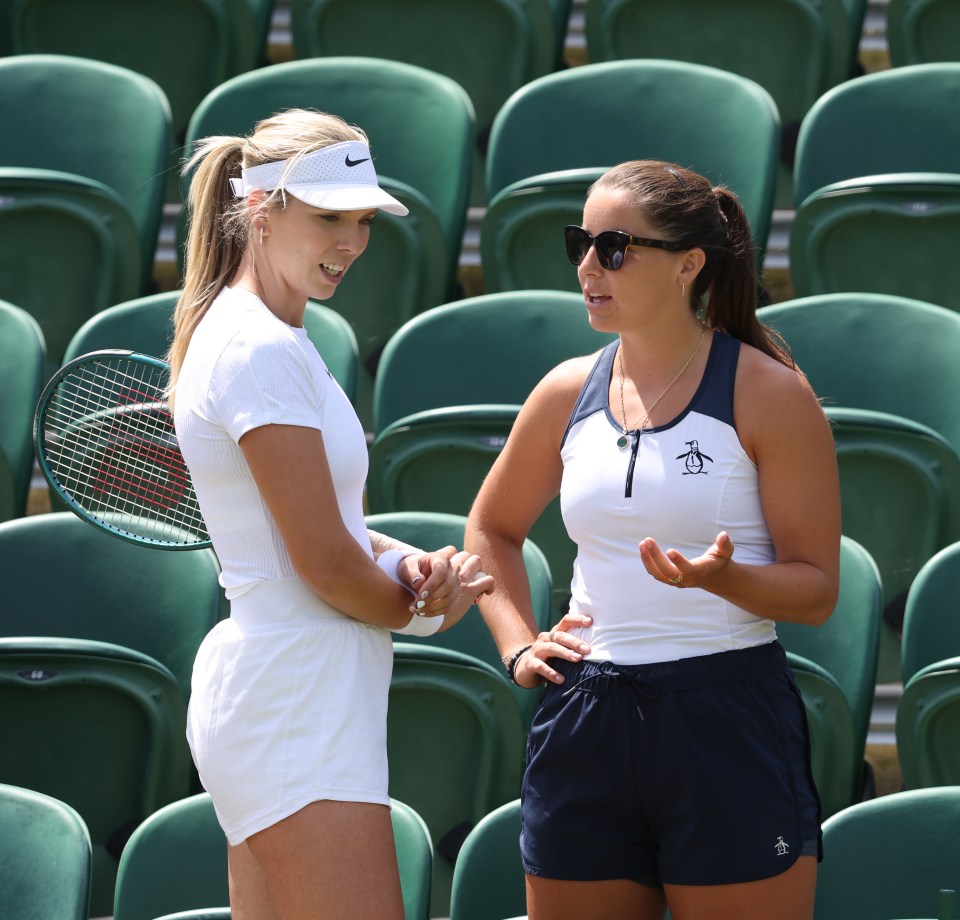 Katie Boulter and Jodie Burrage discussing tennis practice at Wimbledon.