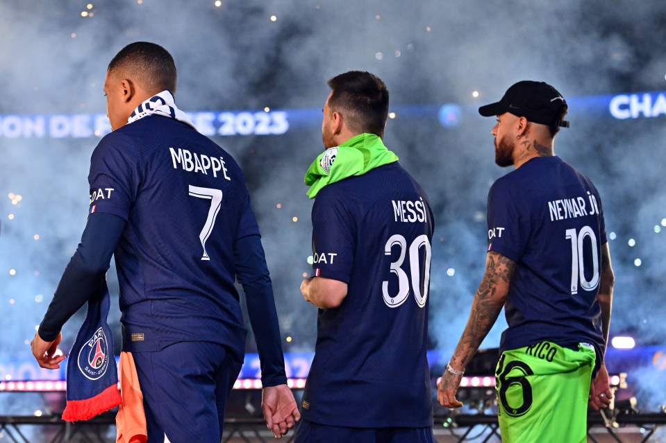 Mbappe, Messi, and Neymar Jr. of Paris Saint-Germain after a Ligue 1 match.