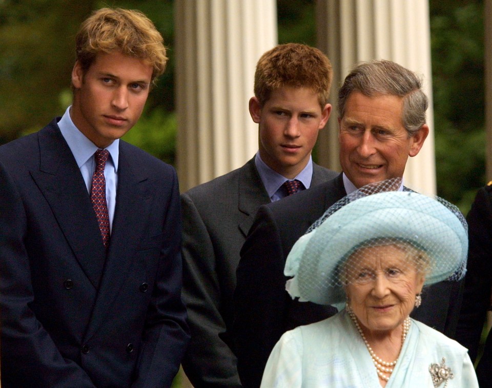 Prince William, Prince Harry, Prince Charles, and the Queen Mother at a birthday celebration.