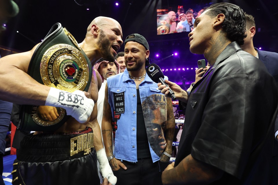 Chris Eubank Jr. and Conor Benn face off in a boxing ring, with Neymar in the background.