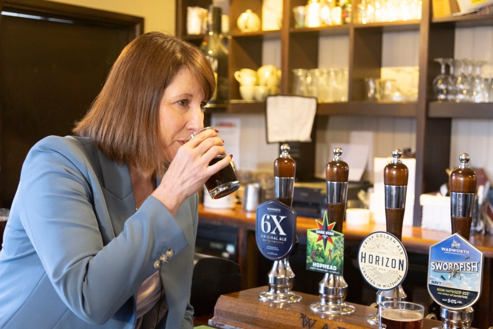 Rachel Reeves, Labour MP and Shadow Chancellor, drinks at a pub.