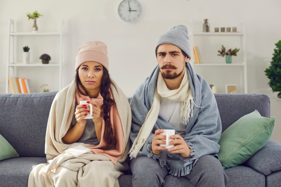 Sick couple wrapped in blankets on a couch, holding mugs.