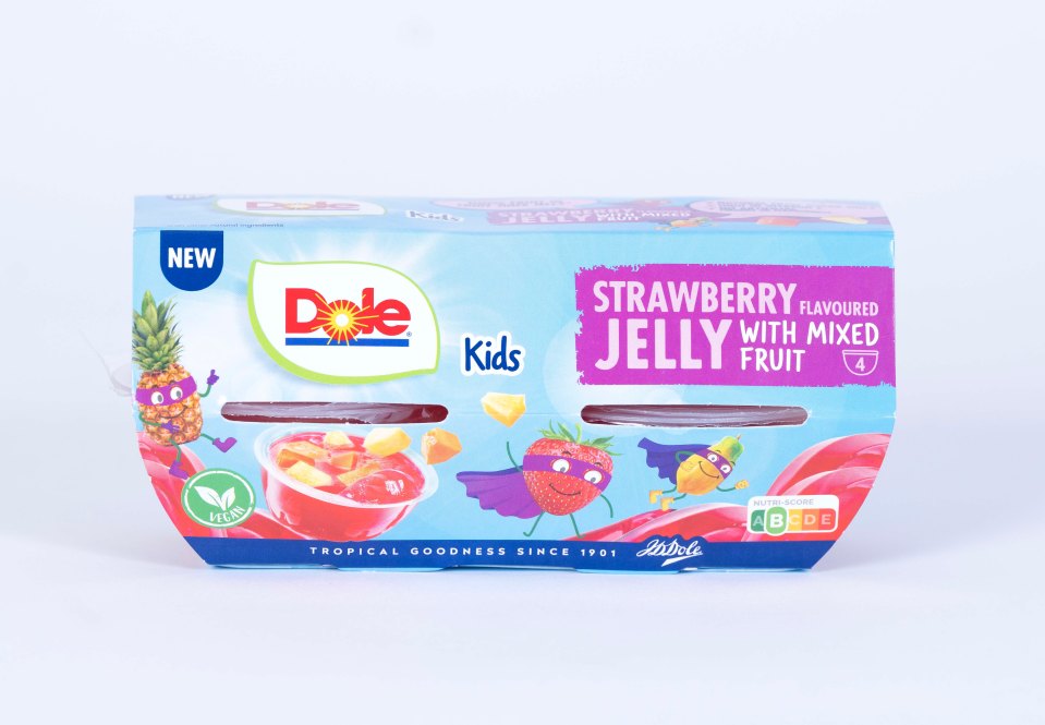 Package of Dole Kids Strawberry Jelly with Mixed Fruit.