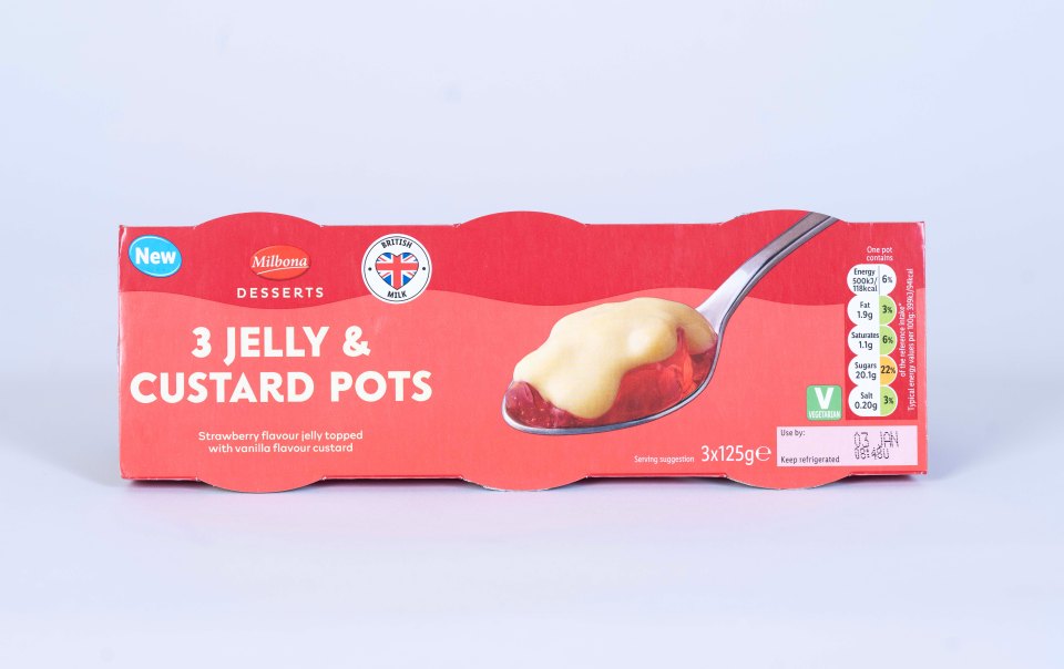 Package of three Milbona strawberry jelly and vanilla custard pots.