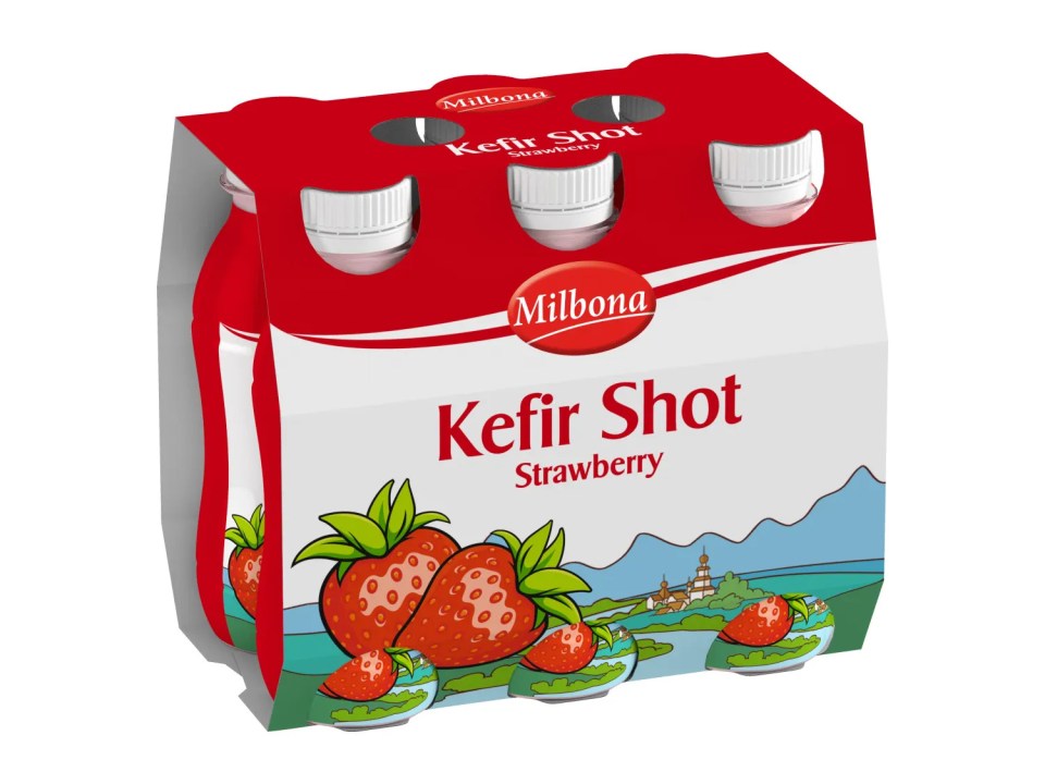 Six-pack of Milbona Kefir Shot Strawberry.