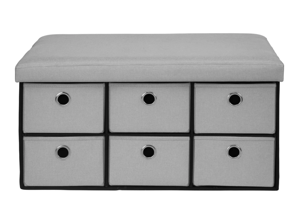 Grey storage ottoman with six drawers.