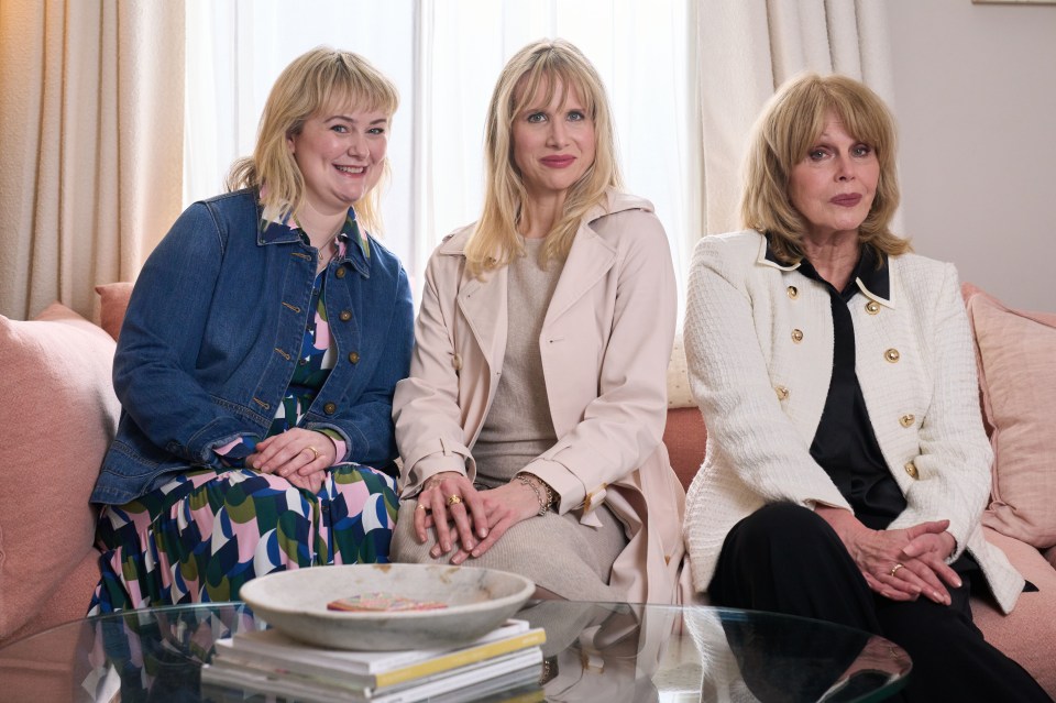 Lucy Punch, Felicity Jones, and Joanna Lumley sitting together on a couch.