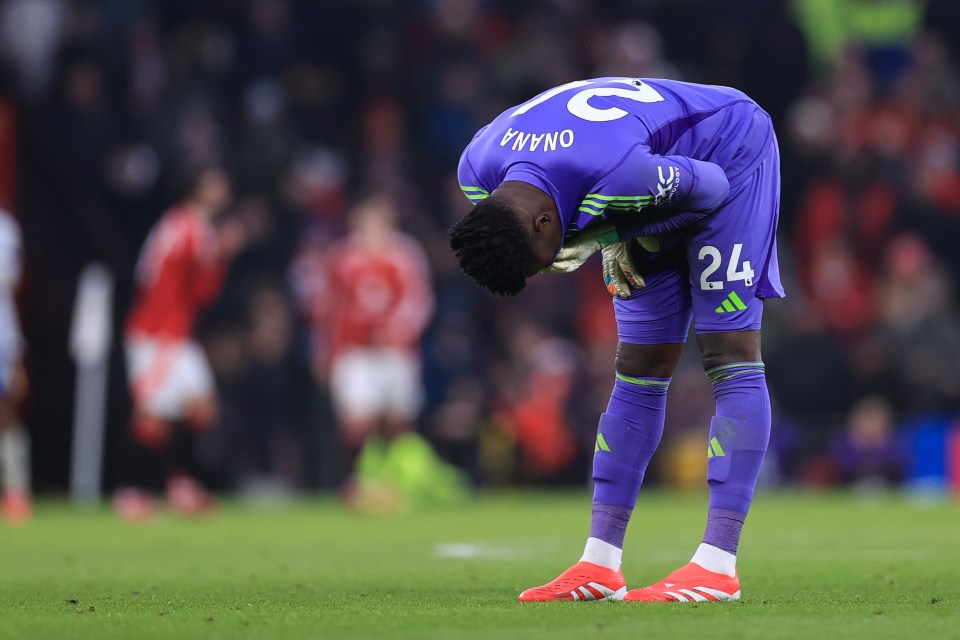 Andre Onana, Manchester United goalkeeper, with head bowed on the field.