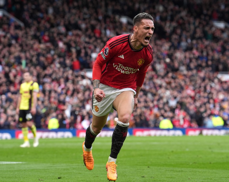 Antony of Manchester United celebrating a goal.