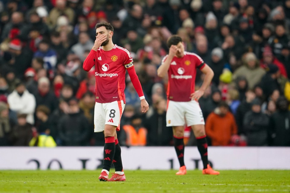 Bruno Fernandes and Harry Maguire of Manchester United looking dejected on the pitch.