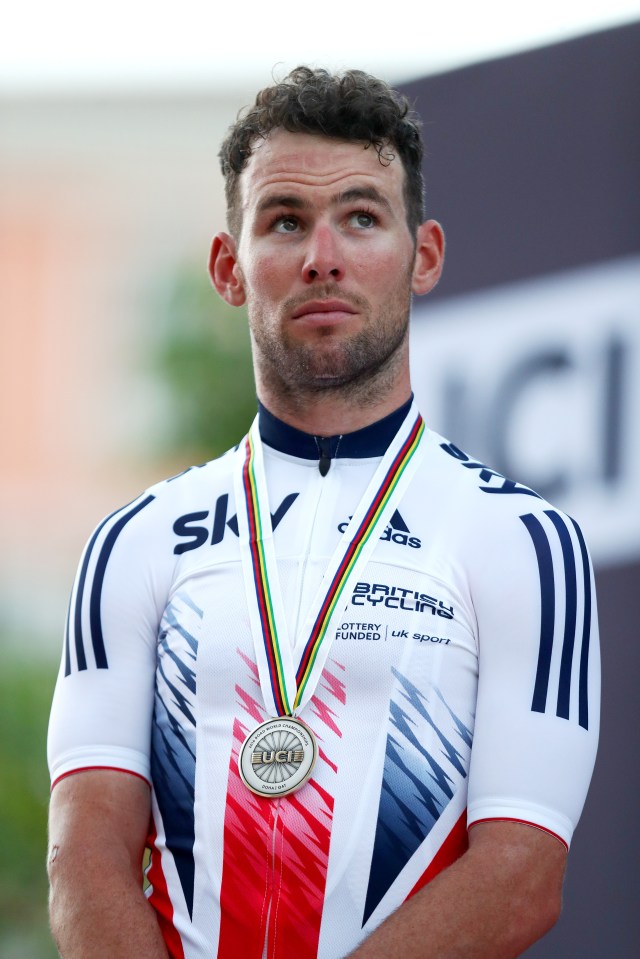 Mark Cavendish of Great Britain on the podium at the UCI Road World Championships.