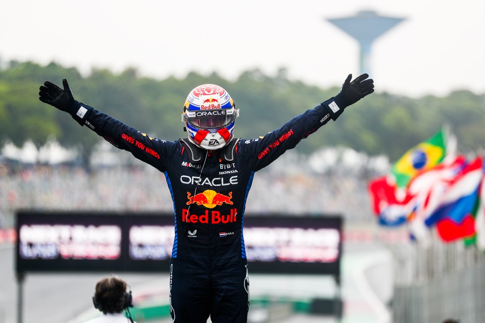 Max Verstappen celebrating a Formula 1 race win.