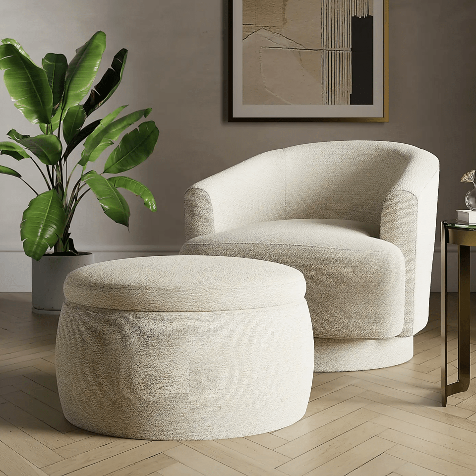 Ivory chenille storage ottoman and armchair.